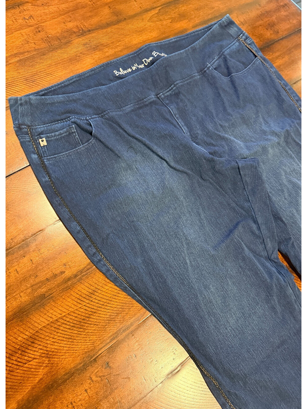 Belle by Kim Gravel Pull On Stretch Jeans Braided Faux Leather Dark Indigo 32W